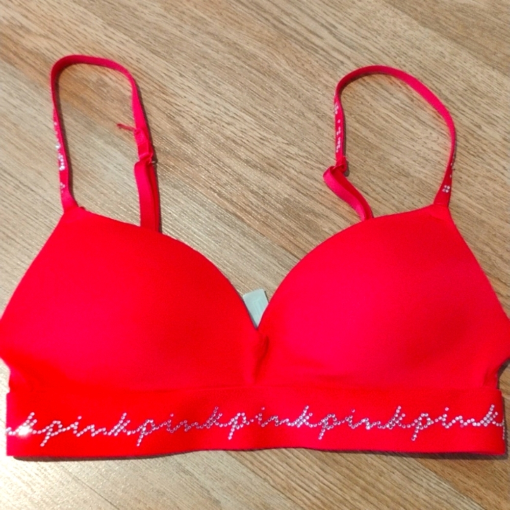 Victoria Secret PINK Red Bra with rhinestone embellishments Size 34B